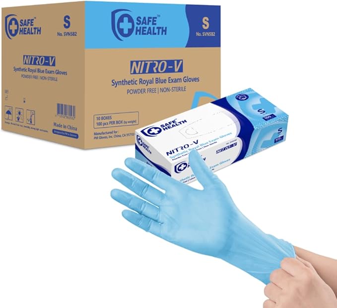Safe Health NITRO-V Nitrile-Vinyl Synthetic Exam Disposable Gloves Latex Free Powder Free Blue Case of 1000 Small Medical Grade Clinic Nursing Food Hair Salon Cleaning Housework