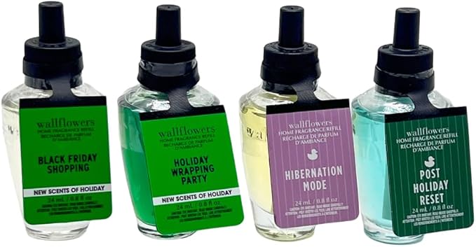 Bath &amp Body Works Winter Holiday Vibes Collection Wallflowers Refill – BLACK SHOPPING FRIDAY HOLIDAY WRAPPING PARTY POST HOLIDAY RESET and HIBERNATION MODE 4-piece Gift Set – 0.8 fl oz each