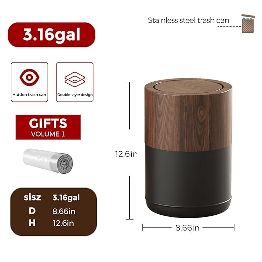 3.1 GAL Modern Metal Trash Can with Realistic Wood TextureBuilt-in Bag HolderFlip LidSmall Bathroom Garbage Can for BathroomHomeOfficeLiving Room (3.1gal Swing lid)