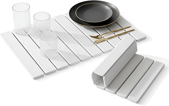 Large Stone Dish Drying Mat for Kitchen Counter 24×16 Foldable Quick Drying Absorbent Stone Mat Super Absorbent Non-Slip Drying Pad for Dishes Cups Water Bottle Bathroom - White