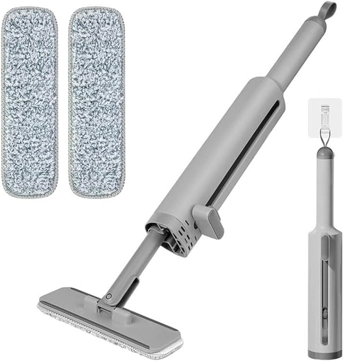 Portable Mini Self-Squeezing Flat Mop with Rotatable Head Reusable Microfiber Pads for Floor Window Sill Kitchen Bathroom &amp Tile Cleaning (Gray + 2 Cloths)