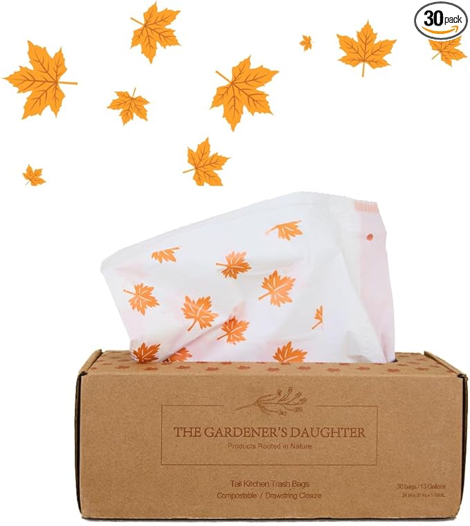Limited Edition Fall Maple Leaf – Compostable Trash Bags by The Gardener's Daughter 13 Gallon 30 Count White Extra Strength Drawstring Kitchen Waste Bag – BPI &amp TUV Certified