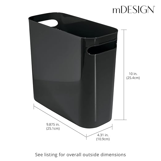 mDesign Plastic Small Trash Can 1.5 Gallon/5.7-Liter Wastebasket Narrow Garbage Bin Handles for Bathroom Laundry Home Office - Holds Waste Recycling 10 High Aura Collection 6 Pack Black