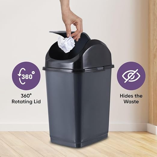 Superio Kitchen Trash Can with Swing Top Lid 9 Gallon Slim Waste Bin 37 Qt Sturdy Plastic Garbage Can Medium Recycling Bin for Office Bathroom Under Counter Dorm Bedroom (Dark Grey-2 Pack)