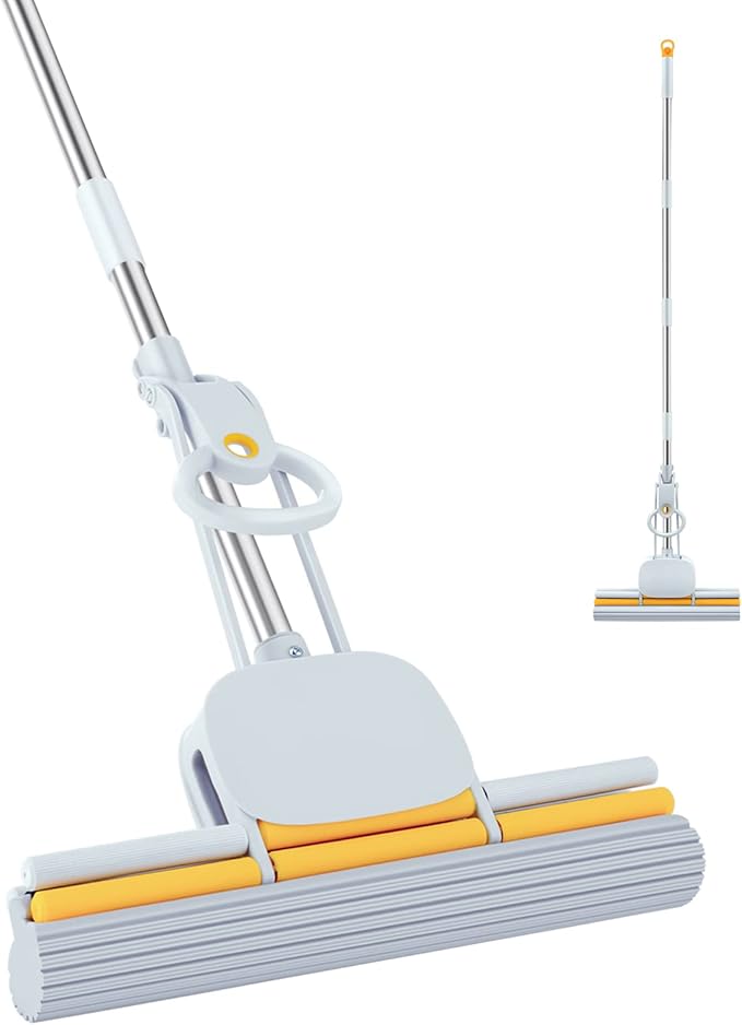PVA Sponge Mops for Floor Cleaning Squeeze with 60 Long Handle Self Wringing Mop with 15 Head for Kitchen Bathroom Tiles Sponge Mops for Floor Cleaning with Wringer DUDTO
