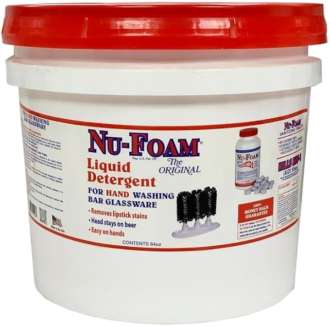 Nu-Foam Liquid Detergent for Bar Glassware – Original Streak-Free Solution - Hand Washing Bar Tavern Brewery Supplies - Spotless Serving Glasses - Concentrated - Easy On Hands - 3.5 Gallon Pail
