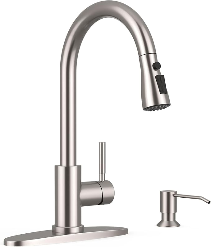 WEWE Kitchen Faucet with Soap Dispenser and Pull Down Sprayer RV Single Handle Classic 3 Modes Stainless Steel Faucet for Kitchen Sink RV Stainless Steel