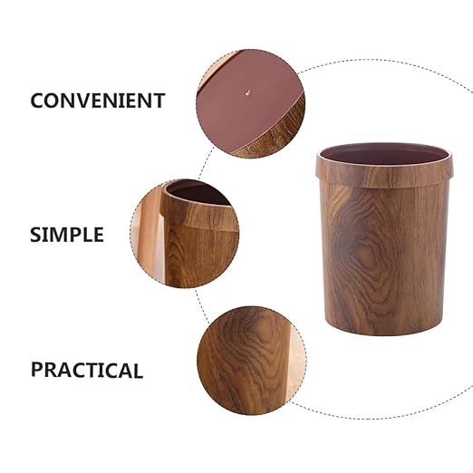 Lurrose Retro Trash Can 10L Imitation Wood Grain Wastebasket with Press Ring Vintage Kitchen Bathroom Garbage Bin for Living Room and Toilet Use