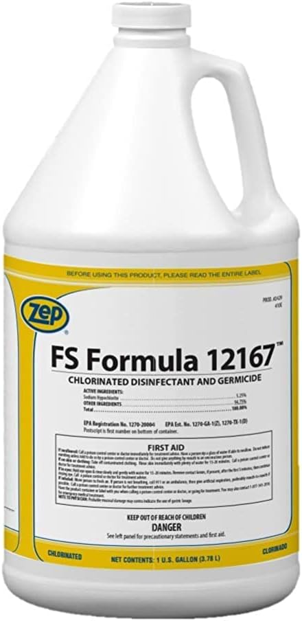Zep FS Formula 12167 Chlorinated Disinfectant and Germicide - 1 Gallon (Case of 4) 242924 - For Sanitization of Porous and Non-Porous Food Contact Surfaces Disinfection of Surfaces Non-Food Contact
