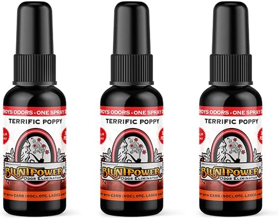 BluntPower (Terrific Poppy 3 Pack) Concentrated Odor Eliminator and Diffuser Oil - Room Deodorizer Smoke Eliminator Spray - Premium Oil Based Air Freshener