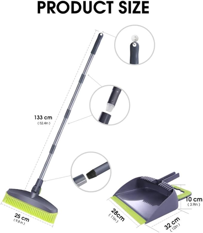 Adjustable Rubber Push Broom and Dustpan SetSelf Cleaning Indoor Outdoor Angle Brooms with Dust pan for HomeLong Handle for Floor Sweeping KidsCarpet Dog Cat Pets Offices Use