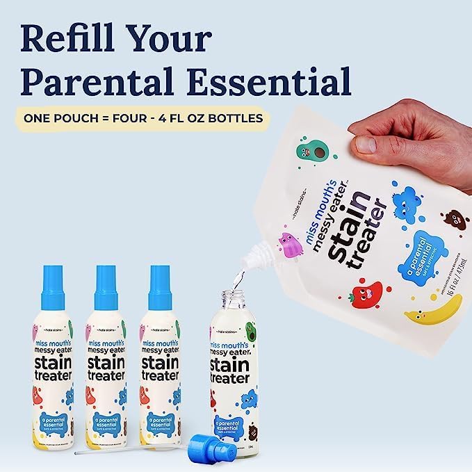 Miss Mouth's Messy Eater Stain Treater - 4oz 2-Pack Spray &amp 16oz Refill Pouch - Laundry Spot Cleaner for Baby Clothes Carpet &amp Fabric
