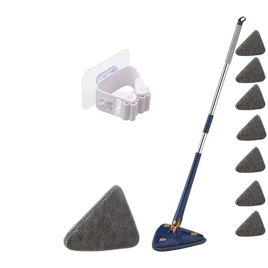 1 x 360° Rotating Telescopic Triangular Mop for Wet and Dry Cleaning with Water Absorption for Home Floors and Ceilings (Blue-1pc-cloth)