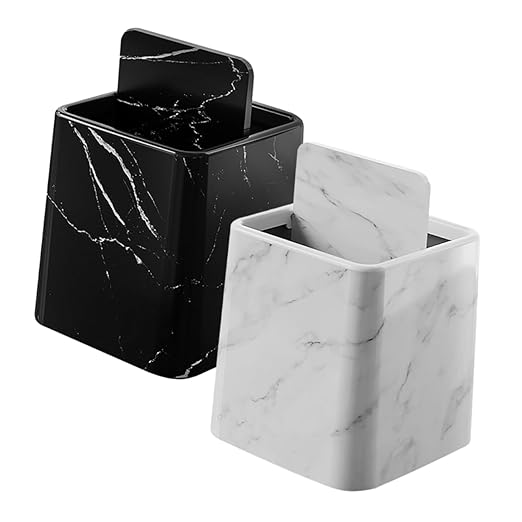 VOSAREA 2Pcs Small Decorative Marble Pattern Trash Can with Swing Lid Compact Lidded Wastebasket for Bathroom Bedroom Kitchen and Office Easy to Clean Material Fits Standard