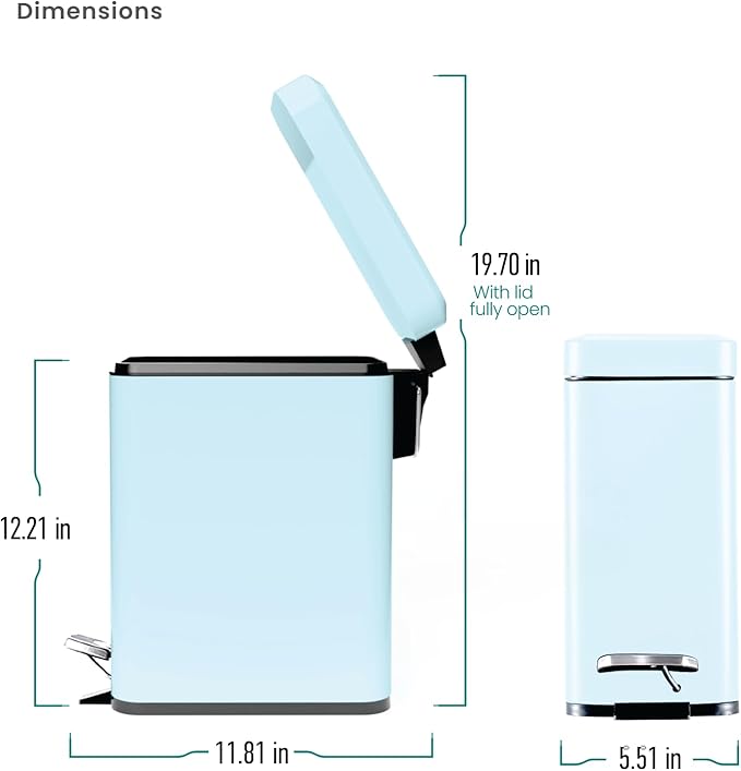 Home Zone Living 1.3 Gallon Small Bathroom Trash Can with Lid and Step Pedal Stainless Steel Wastebasket with Slim Design for Home and Office Matte Powder Blue 5 Liters