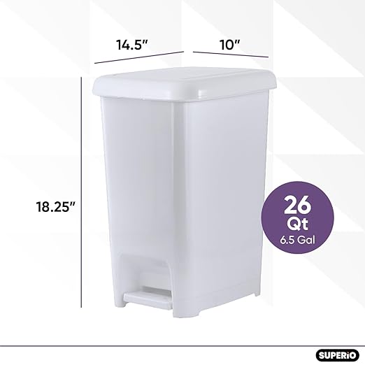 Superio Slim Trash Can with Foot Pedal – 6.5 Gallon Step-On Trash Can Plastic Garbage Can with Lid Trash Can for Bathroom Bedroom RV Kitchen Office Patio or Dorm – White Smoke