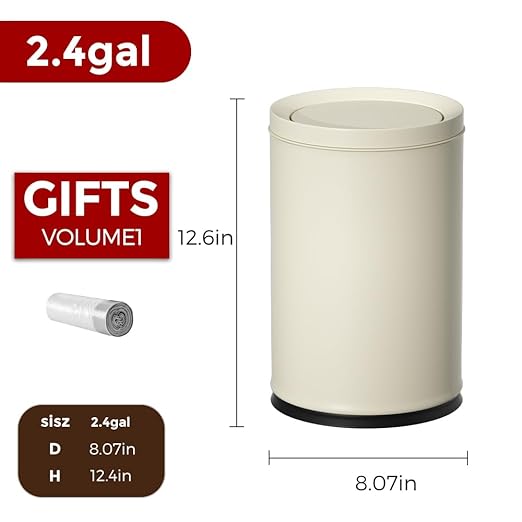2.4GAL Off White Metal Garbage Can Double-Layer with Inner LayerSmall Bathroom Trash Can with FILP Lid for BedroomOfficeHotelBank