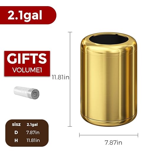 8L/2.1gal Brass Gold Trash CanSmall Bathroom Garbage CanBrushed Trash Can for BathroomPowder RoomBedroomOffice (Gold)