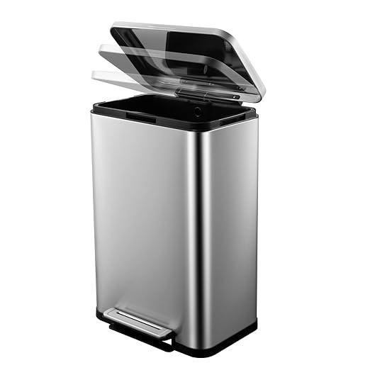 Stainless Steel 50 Liter / 13 Gallon Trash Can Rectangular Steel Pedal Recycle Bin with Lid and Inner Buckets Rectangular Hands-Free Kitchen Garbage Can