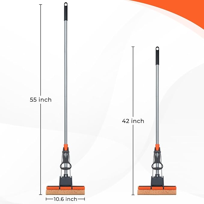 Sponge Mops for Floor Cleaning with 2 Cellulose Mop Head Refills and 55” Long Handle Heavy Duty Roller Mop Easy Self Squeeze for Hard Wood Tile Concrete Bathroom or Kitchen Floor Wall Ceiling