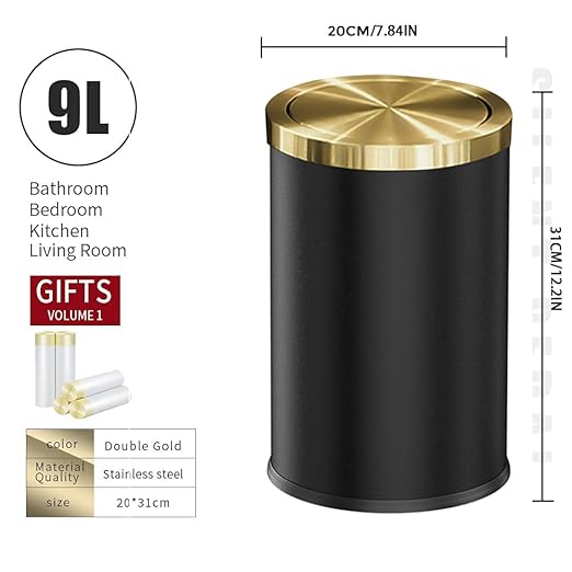9L/2.4GAL Black Bathroom Trash CanGold Small Trash Can with LidGarbage cans for Bathroom HotelOfficeLundryPowder Room (ＢＬＡＣＫ)