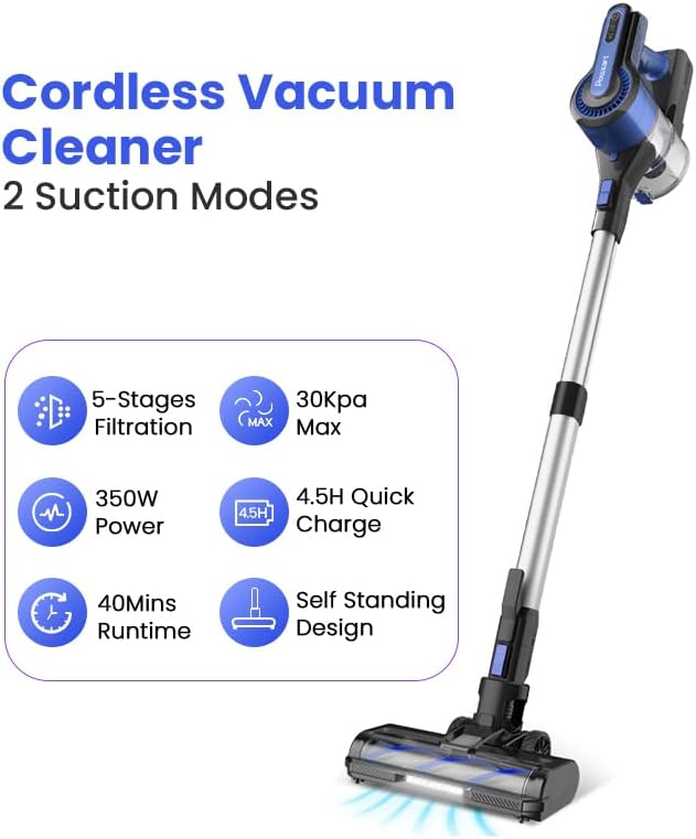 IKERY Blue Cordless Vacuum – 350W Brushless Motor 30000Pa Strong Suction 8-in-1 Versatile Cleaning