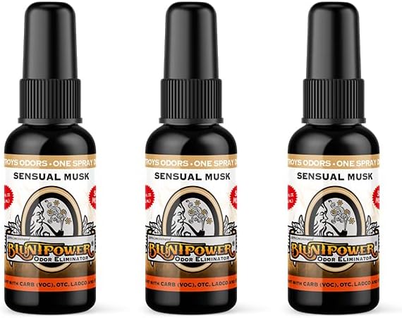 BluntPower Sensual Musk 3 Pack Concentrated Odor Eliminator and Diffuser Oil - Room Deodorizer Smoke Eliminator Spray - Premium Oil Based Air Freshener