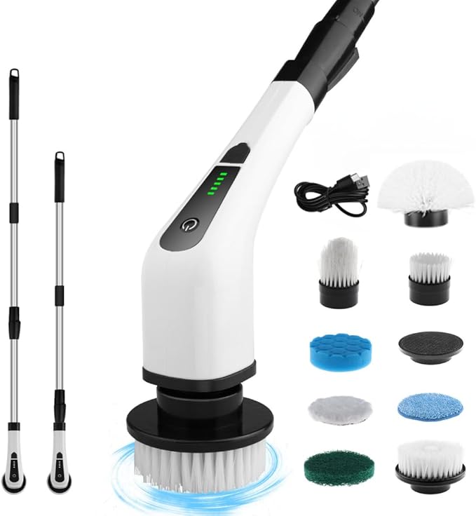 Electric Spin Scrubber Cordless Cleaning Brush with 8 Replaceable Heads Adjustable Handle Dual Speed Power Scrubber for Bathroom Bathtub Floor Tile and Kitchen Cleaning