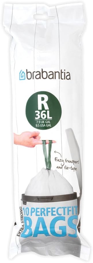 Brabantia PerfectFit Trash Bags (Size R / 9.5 Gallon) High Quality Thick Plastic Trash Can Liners with Tie Tape Drawstring Handles (10 Bags)