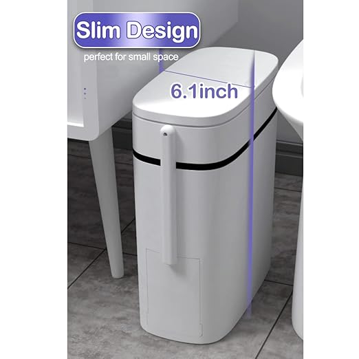 Bathroom Trash Can with Lid 14 Liter/ 3.7 Gallon Bathroom Trash Can and Toilet Brush Set for Restroom Bedroom Living Room Office White Lid