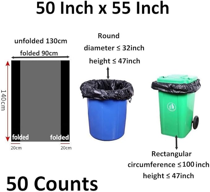65 Gallon Trash Bags 1.8 Mil -50''x55'' Pack of 50 Thick Large Heavy Duty Multi-Use Garbage Bags Extra Large Strong Trash Can Liners for Office PicnicKitchen Bulk Bags (65 Gallon 50 Count)