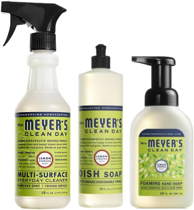 Mrs. MEYER'S CLEAN DAY Lemon Verbena Scent Foaming Hand Soap 10 Fl Oz Multi-Surface Cleaner 16 Fl Oz Dish Soap 16 Fl Oz (Variety Pack)
