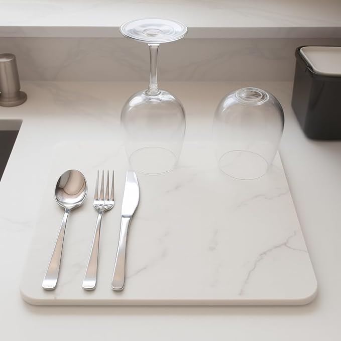 Diatomite Dish Drying Mat – Quick Absorption Non-Slip Heat Resistant up to 450°F – 16x12” White Marble for Kitchen Countertops