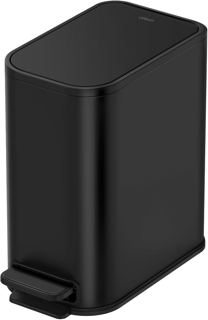 Cesun Small Bathroom Trash Can with Lid Soft Close Step Pedal 5 Liter / 1.3 Gallon Stainless Steel Garbage Can with Removable Inner Bucket Waste Basket for Bathroom Bedroom (Matte Black)