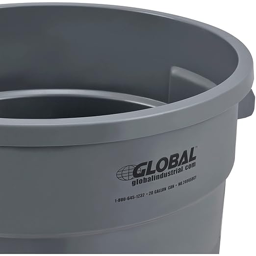 Global Industrial Commercial Round Trash Can 20 Gallon Capacity Plastic Garbage Can Indoor and Outdoor Utility Trash Can Gray 19 W x 22-1/2H No Lid