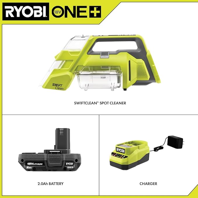 RYOBI ONE+ 18V Cordless SWIFTClean Spot Cleaner Kit with 2.0 Ah Battery and Charger 7X10