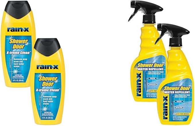 Rain-X Shower Door Care Bundle: 12 Fl. Oz X-Treme Clean Glass Cleaner &amp 16 Fl. Oz Water Repellent for Soap Scum &amp Hard Water Protection (Pack of 2 Each)