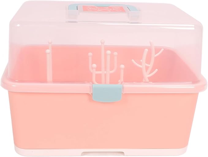 SUNGOOYUE Baby Bottle Drying Rack Portable PP Nursing Bottle Storage Box with Detachable Drain Feeding Bibs for Home Travel Bib (Implicit Pink) SUNGOOYUEpofvukabs8-12