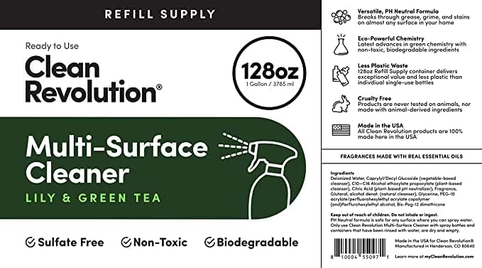 Clean Revolution Multi Surface Cleaner Refill Supply Non-Toxic Eco-Friendly &amp Plant-Based Ready to Use Lily &amp Green Tea 128 Fl Oz (Pack of 4)