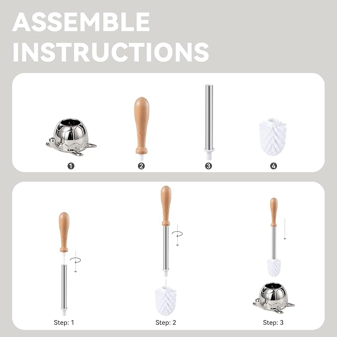 Toilet Brush and Holder Set Ceramic Turtle Base Toilet Brush Set - 7.5” Bowl Cleaner Toilet Scrubber Brush with Ergonomic Handle (Silver)