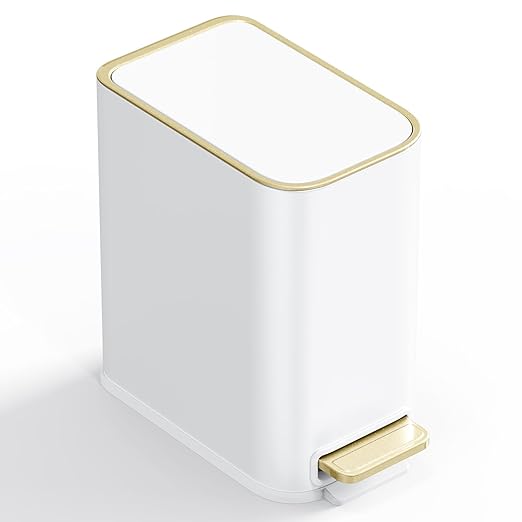 Small Bathroom Trash Can with Lid Soft Close 5L / 1.3 Gallon Slim Garbage Can with Removable Inner Bucket Step Stainless Steel Trash Bin for Office Bathrooms Bedroom Living Room (White)