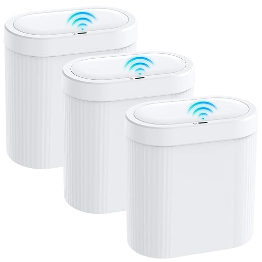 3 Pack 5 Gallon Bathroom Trash Can with Lid Automatic Motion Sensor White Trash Can Touchless Slim Waterproof Garbage Bin for Kitchen Bedroom Office and Bathroom