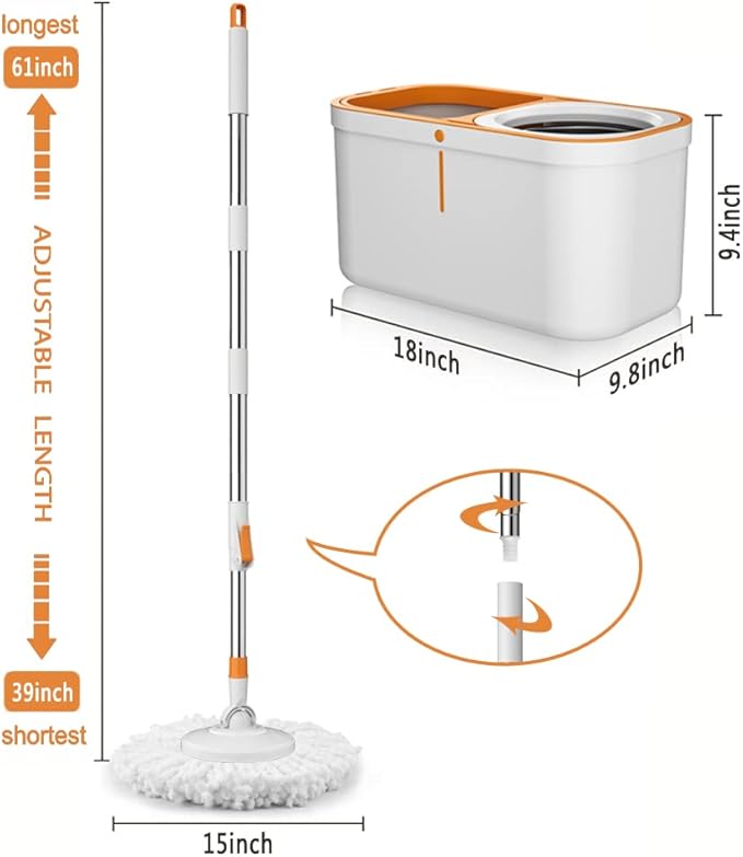 Spin Mop Bucket with Wringer System Extended Mop Handle 61Mop and Bucket for Floors Cleaning with 5 Replacement Head Refill 1 Cleaning Brush Head