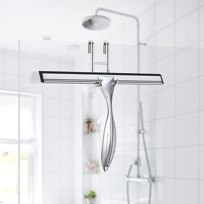 Shower Squeegee Set 10-Inch Stainless Steel Squeegee for Bathroom Shower Doors Mirrors Tiles and Car Windows - 100% Streak Free Includes Shower Door Hook Adhesive Hook and Spare Silicone Blade