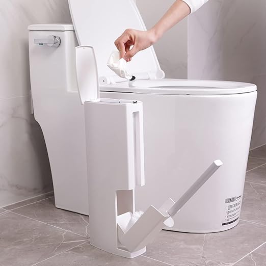 Slim Bathroom Trash Cans with Lid 4.4 Inches Wide/0.7 Gallons(3 Liters)Small Narrow Lidded Bathroom Trash Can with Toilet Brush for RV CamperTiny Garbage Can Rv Accessories for Inside(White)