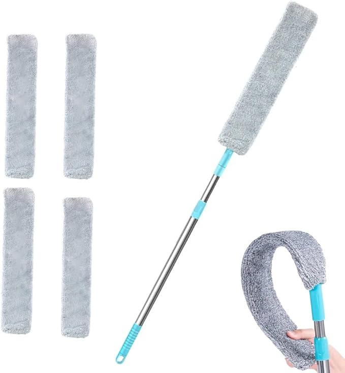 Retractable Gap Duster with 60 Extension Pole Flexible Microfiber Brush for Under Appliances Furniture &amp Tight Spaces Washable Flat Duster for Fridge Stove Couch Crevices (4 Replacement Fabric
