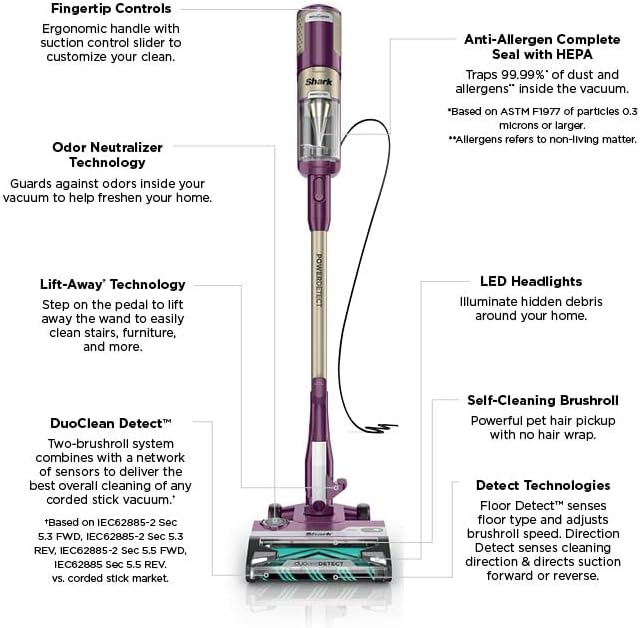 Shark POWERDETECT Ultra-Light Corded Stick Vacuum with DuoClean Technology Self-Cleaning Brushroll for No Hair Wrap Anti-Allergen Complete Seal and Odor Neutralizer Technology Purple HZ4001AMZ