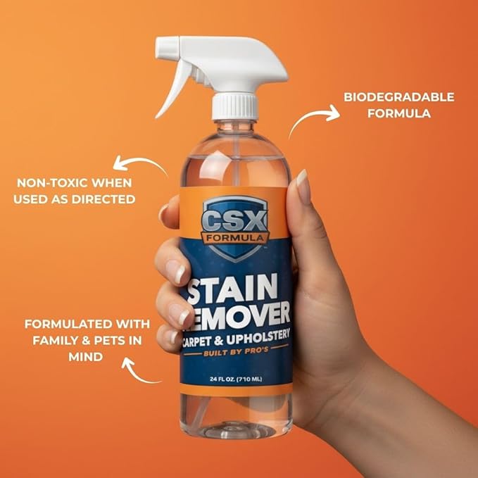 CSX Powerful Stain Remover 24oz – Heavy Duty Carpet &amp Upholstery Cleaner Professional Strength Deep Clean Formula – Removes grease wine coffee ink food and more – Made in the USA