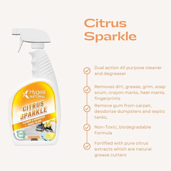 Hygea Natural Citrus Sparkle Chemical-Free Heavy Duty Degreaser &amp All Purpose Cleaner - Pure Citrus Extracts &amp Natural D-limonene - Removes Grease Dirt &amp Grime (3 Pack of 24 Ounce Spray)