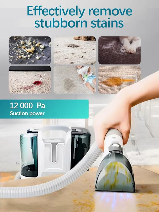 Portable Carpet &amp Upholstery Cleaner 12Kpa Powerful Suction Cleaning Machine For Couch Carpets &amp Car 450W Motor With 1800ml Tank 6 Multi-Surface Brush Heads (White)